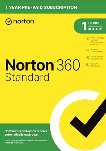 Norton 360 Standard 2024, Antivirus software for 1 Device with Auto Renewal – Includes VPN, PC Cloud Backup & Dark Web Monitoring powered by LifeLock [PC/Mac Download]