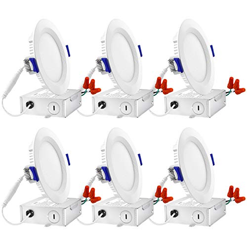 Luxrite 4 Inch Ultra Thin LED Recessed Light with Junction Box, 10W, 2700K Warm White Dimmable, 650 Lumens, Slim Recessed Ceiling Light, IC Rated Airtight, Energy Star & ETL Listed (6-Pack)