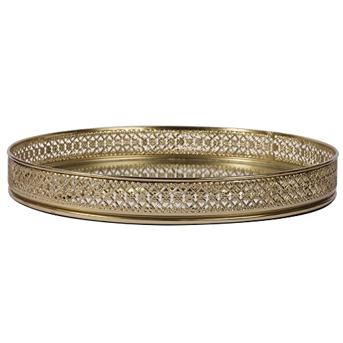 Image of Craft Brio -A TRENDY HANDICRAFTS Round Glass Mirror Gold Plated Tray Decorative Vanity Perfume Storage Pooja Wedding Gifting Display Laser Cutting Trays (25 X 3 H cm)