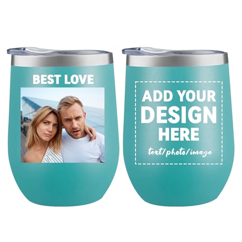 MEWAY Personalized Custom 12oz Wine Tumbler with Lid, Insulated Double Wall Vacuum Travel Tumbler Gifts with Text Photo Logo (Blue, 1pack)