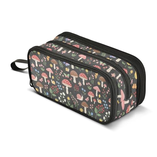 Image of Pencil Case Big Capacity Snail Mushroom Palm Leaves Handheld 3 Compartments Pencil Pouch Portable Large Storage Canvas Pencil Bag for Boys Girls Adults Students