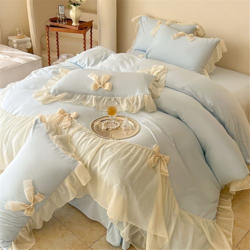 Ensemble de draps parure de lit microfibre bleue housse couette dentelle 220x240