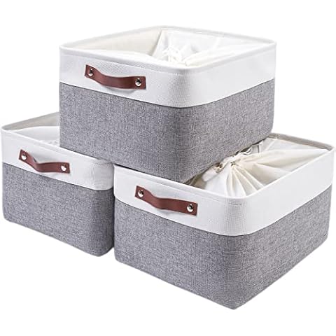 SOCOHOME Large Collapsible Storage Boxes- Set of 3 Linen fabric Clothes Storage Basket Book Baby Toy Organizer Box (Grey/white, Xlarge) Cover