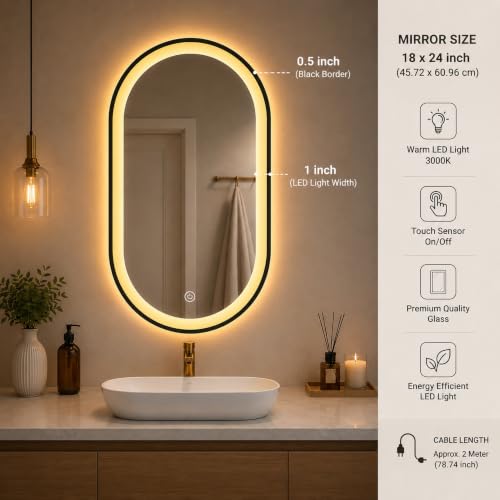 Image of SANIF Bathroom Wall Capsule 18x24 Inch LED Mirror with Light Touch Sensor (Warm, White, and Natural) with Adjustable Brightness