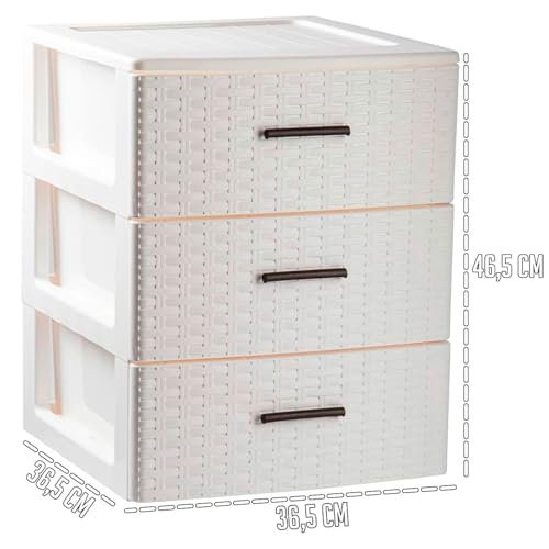 Miniatura 3 de Tradineur - Cajonera De Ordenación Rin Rattan De Plástico - 3 Cajones - Torre De Almacenaje Multiusos, Organizador Auxiliar, Almacenamiento, Baño - 46,5 X 36,5 X 36,5 Cm - Color Blanco Roto