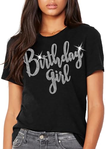 Birthday Girl Shirt for Women - Real Crystal Rhinestone Girly Birthday Girl T-Shirt - Party Gifts for Her - Medium Black Tee(BdyGrl RS) Blk/Md