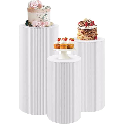 Quintin 3PCS Metal Pleated Cylinder Pedestal Stands for Party, Heavy Duty White Round Cake Pedestal Stand Flower Plant Display Plinth Pillars for Wedding Birthday Decor (White)