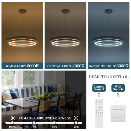 Image of LED 2 Ring Chandelier Dimmable Up Down Light Weathered Wood Brushed Nickel