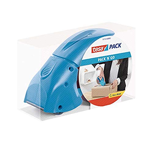 tesapack Abroller Pack' n' Go - Ergonomischer, blauer Handabroller für Paketbänder - Inklusive 50 m x 48 mm Klebeband (3 Abroller)