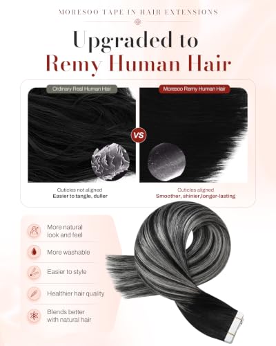 Image of Moresoo Black Silver Tape In Human Hair Extensions 24in 20Pcs 50g | Tape hair extensions real human hair, long straight strands, silver highlights, flat tabs for braids and evening events