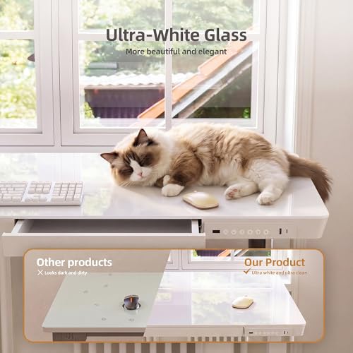 Image of INNOVAR 32 inch Small Glass Standing Desk with Drawers & USB Ports, Whole-Piece Glass Top Adjustable Height Desks, Quick-Install Electric Sit-Stand Up Desk for Home Office & Computer Workstation, White
