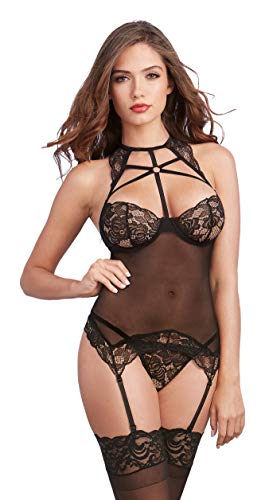 Bustier dentelle festonnée ensemble lingerie mesh noir string jarretelles