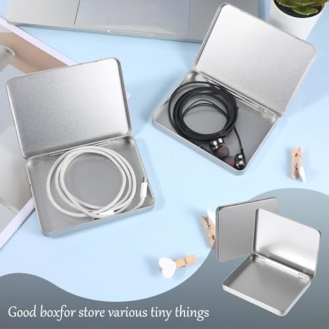 2 Pcs Rectangular Metal Tin Box with Lid 7.1 x 4.7 x 0.6 Portable Storage Box Containers Mini Silver Storage for Drawing Pin Candies Jewelry Crafts