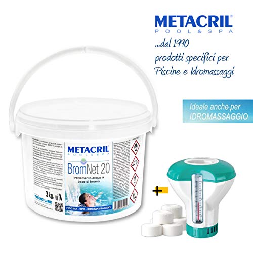 Metacril BROMO in 20 g tablets - BromNet 20 kg.3 + Floating Measuring Device with Thermometer. Ideal for Pool and Spa Hydromassage (Teuco, Jacuzzi, Dimhora, Intex, Bestway, ECC.) Immediate shipping
