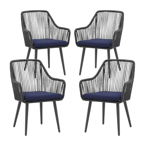 Farrah Outdoor Stacking Dining Armchair: Stylish Comfort for Patio Dining 9 Patiorama Outdoor Dining Chairs, Patio Dining Chair Set of 4, All-Weather Woven Rope Rattan Chairs, Outdoor Dining Wicker Chair with Armrests for Indoor Balcony Pool Backyard(Blue)
