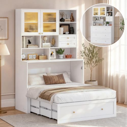 Oakvera Murphy Bed with Large Storage, LED Light, Charging Station (Queen)