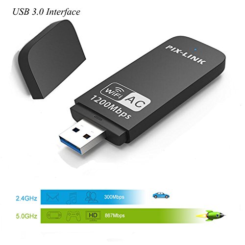 PIX-LINK Adaptador de WiFi Banda Doble AC1200 inalámbrico USB 3.0 Adaptador WiFi Dongle para PC/Escritorio/Portátil/Tableta, Soporta Windows 10/8/7 / XP/Vista, Mac OS X 10.7~10.10 - Negro