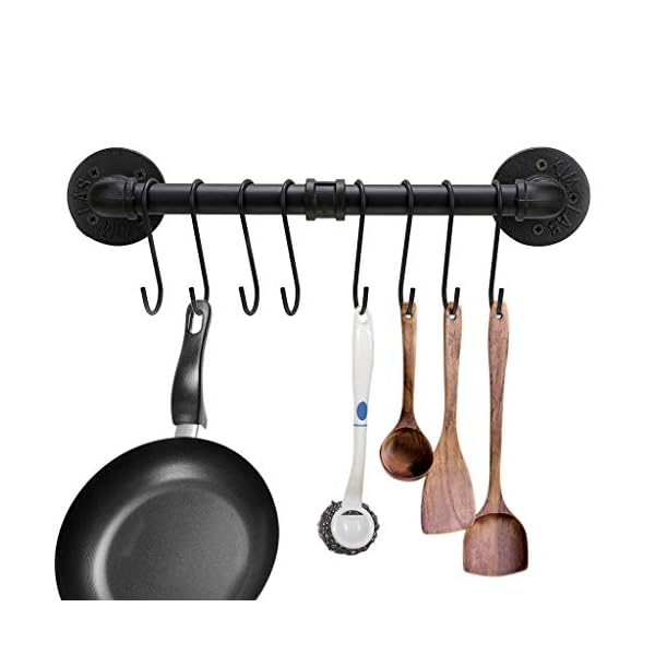 Sumnacon 16 Inch Industrial Pipe Pan Pot Rack with 8-Hooks, Wall Mounted Metal Rail Kitchen Utensil Pot Pan Lid Storage Organizer/Cookware Holder with Hardwares