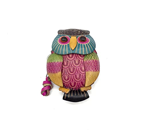 Handmade Vintage Genuine Leather 3D Animal Owl Coin Purse with Removable wrist strap #002 (Pink)