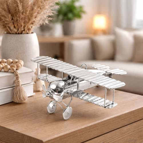 Image of Brass Aeroplane Model Showpiece, Antique Table Top Miniature Decorative Showpiece for Home Decor & Office Table with Silver, Glossy and Shiny Finish (3.5inch, Silver)