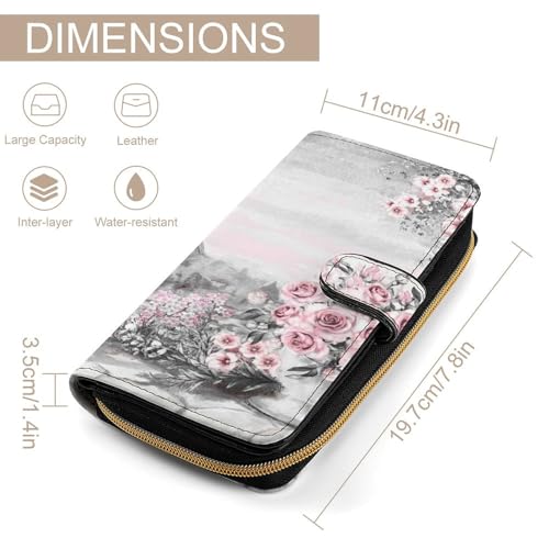 Nugier Women Soft PU Leather Wallet, Zipper Card Case Clutch Credit Bills Money Crash Coin 7.8x4.3x1.4 in Holder Purse Print Eiffel Tower Pink Roses2