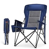 HIGH POINT SPORTS Oversized Camping Chairs for Adults, High Back Heavy Duty Lawn Folding Chair Support 500LBS, Padded Portable Outdoor Chair with Cup Holder, Blue