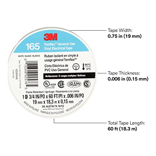Image of 3M Temflex Vinyl Electrical Tape 165, 3 /4 in x 60 ft, White, 10 Roll Pack | Multi-Purpose, 19 mm x 18 m