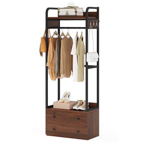Tribesigns ハンガーラック 引き出し付き 棚付きコートハンガー木製 幅70×奥行40×高さ190cm 衣類収納 玄関 高級シンプル 一人暮らし 組立品
