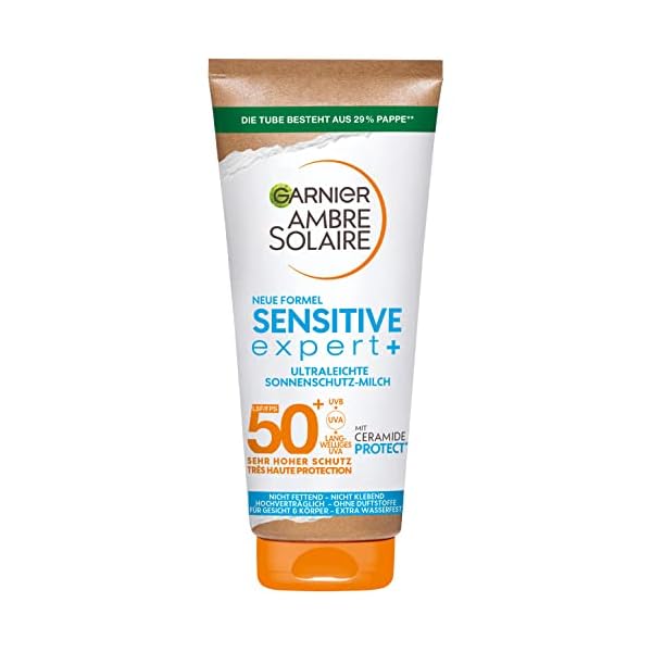 Garnier Sonnenschutzmilch mit LSF 50+, Sehr leichte und rückstandslose Sonnencreme für helle und empfindliche Haut, Ambre Solaire Sensitive expert+, 1 x 175 ml