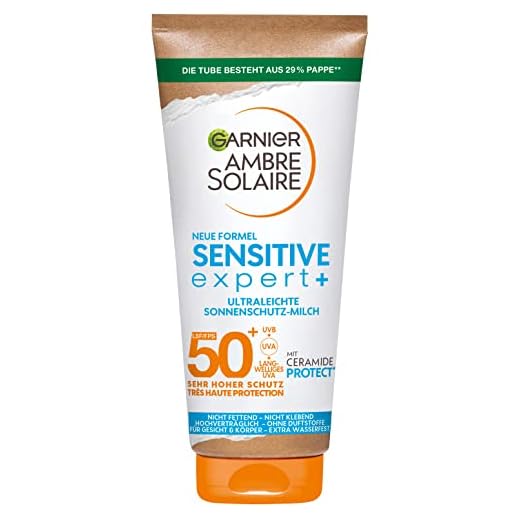 Garnier Sonnenschutzmilch mit LSF 50+, Sehr leichte und rückstandslose Sonnencreme für helle und empfindliche Haut, Ambre Solaire Sensitive expert+, 1 x 175 ml