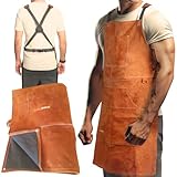 100% Genuine leather welding apron, premium welding protective gear, brown leather work aprons for men, perfect for blacksmithing and workshop accessories. Durable, heat-resistant and stylish design