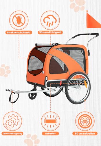 SEPNINE® Hunde Fahrradanhänger XL, 2 in 1 Hundeanhänger & Jogger mit Reflektor und Bremse, 600D Oxford Canvas, maximale Belastung 40kg-Orange