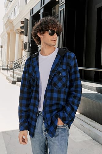 Image of Cromoncent Men Flannel Hoodie Plaid Button Down Jacket Long Sleeve Shirts