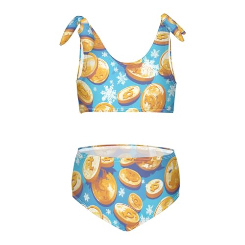 KLL Flying Bitcoins and Snowflakes Girls' 2 Piece Bikini Set Scoop Neck Swimsuits Swimwear Adjustable Strap