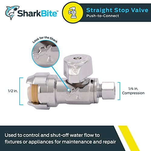 Sharkbite 1/2 Push To Connect X 1/4 Inch (3/8 Inch Od) Push To Connect Straight Stop Valve, Quarter Turn, Pex Pipe, Copper, Cpvc, Pe-Rt, Hdpe, 23337-0000Lf #TOP1
