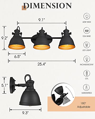 Image of 3-Light Black Bathroom Vanity Light Over Mirror, Industrial Style
