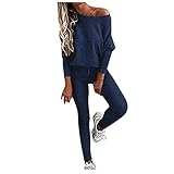 SCBFDI 2 Teiler Maedchen Off Shoulder 2 Teiler Übergröße Laufen 2 Teiler Frauenkleidern Tailliert Frühling Langärmliges Stretch Schlichte Polyester Klassische Blau