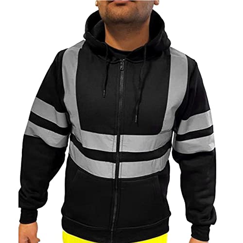 Sweat à Capuche,Unisexe Sweat-Shirt à Capuche Poche Sécurité Réfléchissant Avertissement,Veste Coupe-Vent Homme Long Hoodie Reflechissant (Noir, XXXL) Cover