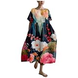 MARSVOVO Japanese Dress for Women Cotton Linen Dress Summer 2024 Fashion Loose Fit Japanese Art Floral Print Watercolor Painting Daily Crewneck Short Sleeved Hide Belly Sundress,S
