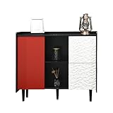 Yozma Modern Black Sideboard Buffet Cabinet with Red Doors, 2 Drawers & Open Storage – Stylish Coffee Bar Accent Cabinet for Kitchen, Dining Room (Black + Red)
