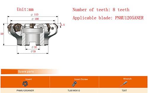 45 Degree CNC face milling Cutter Head, with 10pcs milling Insert (PNMU1205ANER)