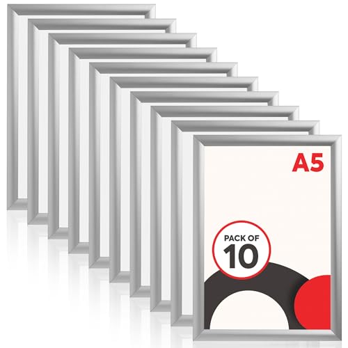Deflecto A5 Snap Frame Pack of 10 - Elegant Silver Aluminium Clip Frame for Wall Display - Certificate and Poster Holder with Convenient Front Opening Clips