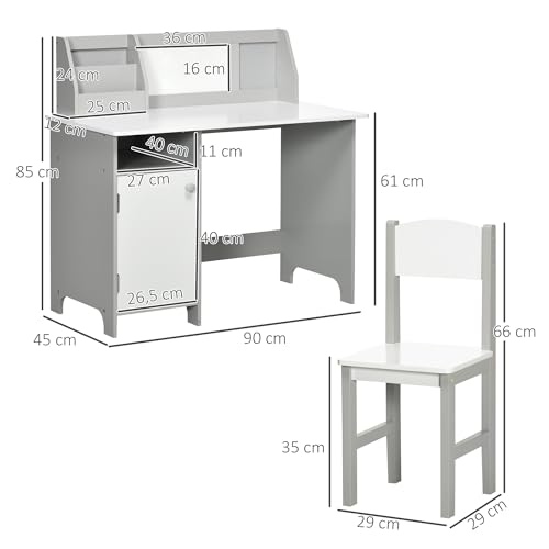 Bureau Enfant + Chaise Gris Rangement & Tableau Blanc HOMCOM