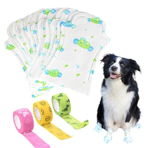 Disposable Dog Socks Waterproof, Dog Paw Protectors Prevent Licking, 20pcs Boots Cover & 3pcs Paw Bandage, Lightweight Shoes for Small Medium Large Dogs in Rain Snow Winter Summer Outdoors(Green, M)