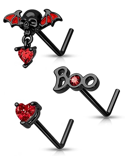 CM Crareesi Mania 3PCS Nose Studs Pack 316L Stainless Steel Black Nose Rings for Halloween 20G L-Shaped Nose Piercing Jewelry Dangle Nose Rings for Men Red CZ Skull Nose Ring