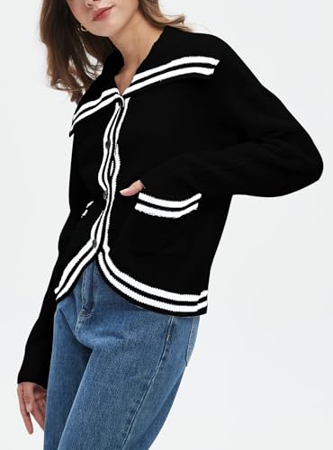 Image of Ladyful Stripped Cardigan for Women Lapel Button Down Open Front Sweater Long Sleeve Knit Outerwear