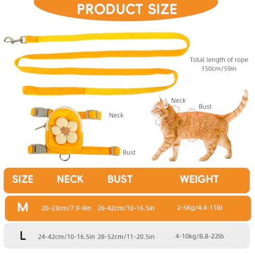 Image of Qpets Cat Harness with Leash, Adjustable Size Floral Flower Pet Belt Mini Zipper Pouch & Cute Yellow Flower Accent, for 4-10kg Small Dogs Cats (Yellow, (M, Chest 26-42cm, Neck 20-32cm)