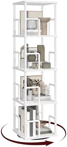 4-Tier Rotating Bookshelf, Freestanding Corner Bookshelf, 360 Spinning Bookcase, Industrial Style Storage Rack with Rails, for Living Room, Bedroom, Study, White BKWT1501