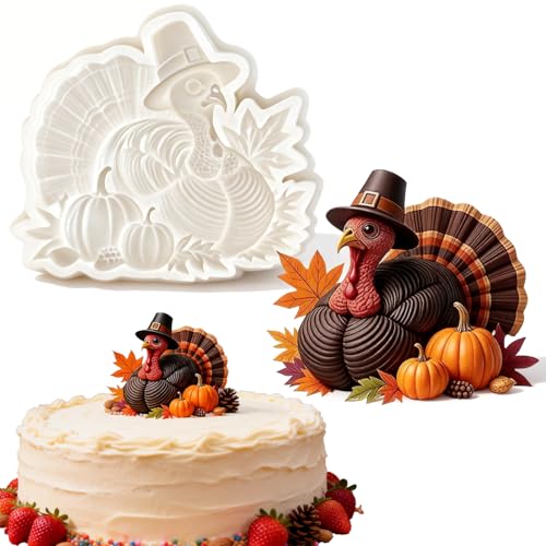 IKOJING 1Pc Thanksgiving Turkey Silicone Mold 3D Turkey with Hat Maple Leaves Pumpkin Fondant Mold for Cake Decorating Cupcake Toppers Gum Paste Chocolate Candy Baking Marzipan Fall Themed Desserts