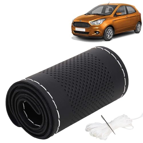 KINGSWAY® PU Leatherite Car Steering Cover Sewable Compatible with Ford Figo (Year 2014-2021), Black Color with Silver Thread, Pack of 1 with Sewing Needle and Thread